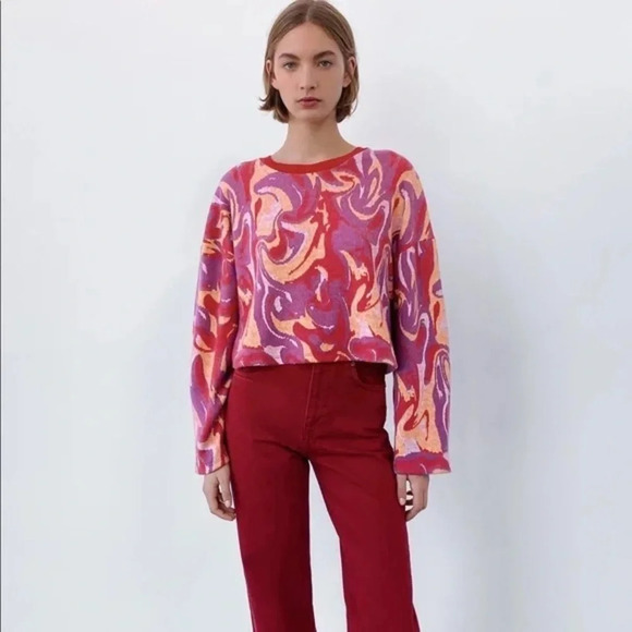 Zara Red Pink Jacquard Swirl Psychedelic Oversized Cropped Long Sleeve Sweater - Picture 1 of 7